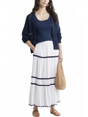 Caslon Rickrack Trim Linen Blend Tiered Maxi Skirt NWT White Navy Large